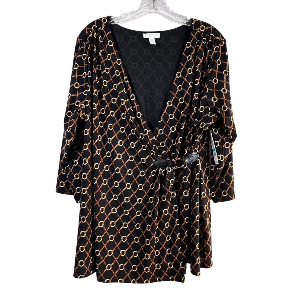 Charter Club Woman Black Gold Chain Print Faux Wrap Top Blouse 0X 11379DB154